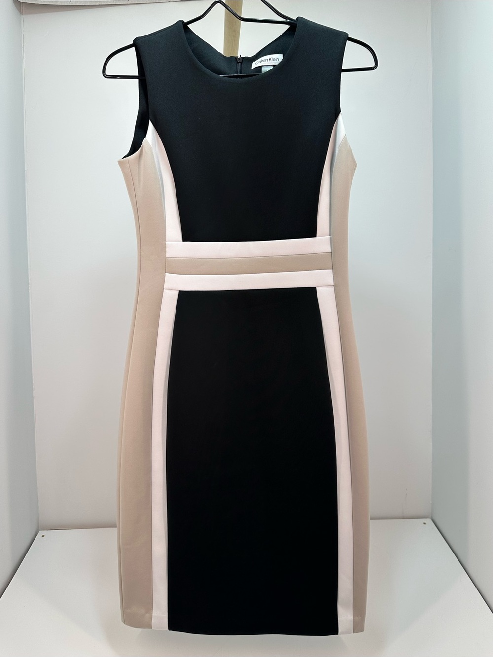 Calvin Klein Black, Beige & Cream Colorblock Midi Sheath Dress
